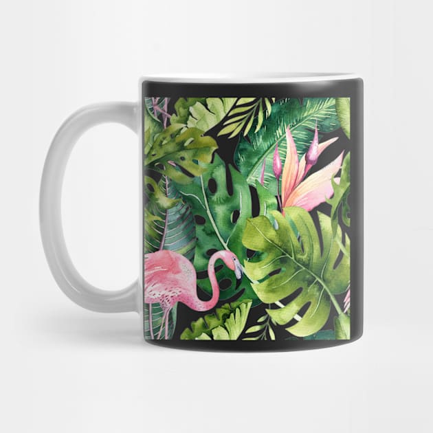 Watercolor Pink Flamingo + Tropical Foliage Pattern by PixDezines